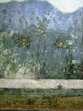 Detail of the fresco from the main hall of Livias villa at Prima Porta, outside Rome