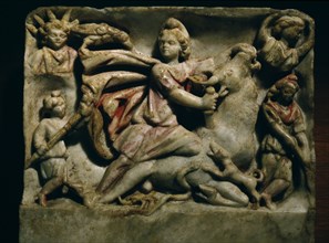 A relief of Mithras slaying the bull, the first of living creatures from whose blood, corn and all other forms of life arose