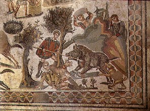 Detail of a mosaic pavement showing a hunting scene