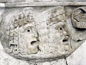 Detail from a sarcophagus of an actor, depicting two tragic masks