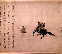 Detail from the Heiji scroll which depicts the samurai, Minamoto Yoshitomo on horse back at the beginning of the Heiji Insurrection of 1159