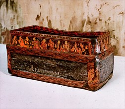 Found in a Han tomb in the Chinese colony of Lelang in north Korea (Nangnang), this lacquered basket bears representations of model sons