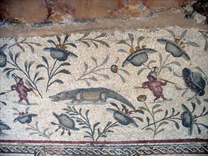 Mosaic from the peristyle garden depicting pygmies fighting a crocodile, from the Villa Selene (House of the Moon)