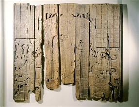 Low relief carved wood lintel from Temple IV at Tikal, collected in 1877 by the explorer Gustav Bernoulli