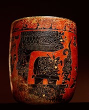 Red and black vase incised with ten figures