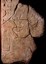 Stone tablet with a relief depicting a priest making offerings to a cacao plant
