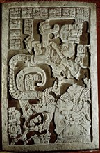 Lintel 25 of Yaxchilan Structure 23, showing accession rituals of the ruler Shield Jaguar ( Itzamnaaj Balam II )