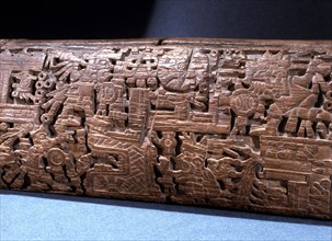 Detail of the intricate carving on a teponaztli or two toned drum