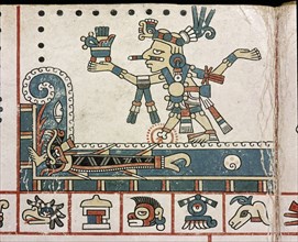A panel from the Codex Fejervary Mayer shows how Tezcatlipoca tempted the Earth Monster to the surface of the great waters by using his foot as bait