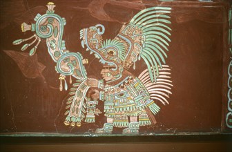 Reconstruction of a polychrome mural (mural 2, in room 2) from Tepantitla depicting an elaborately garbed priest wearing a crocodile headdress