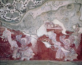 Wall painting from Tepantitla depicting elaborately garbed priests wearing crocodile headdresses