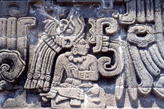 Detail from the emple of the Feathered Serpent at Xochicalco, showing a richly attired personage, so called 9 Wind (the birthdate of the god Quetzalcoatl Feathered Serpent)