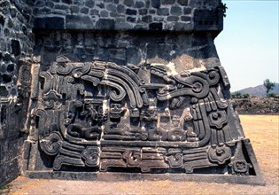 The temple of the Feathered Serpent at the fortified hilltop city of Xochicalco, in the central highlands of Mexico