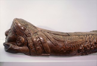 Teponaztli, or drum, that was played by beating the two tongues of wood at the top, each of which gave a different pitch