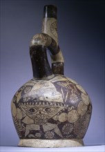 Mochica single spout fine line vessel with depiction of a crab Warrior wearing elaborate gear