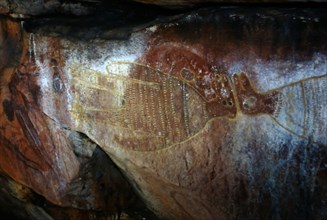 Aboriginal rock painting of human animal spirits from the Kimberley region