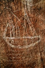 Rock painting of a three mast ship from the Walga Rock cave