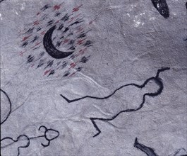Detail of a Plains Indian hide painting, including a crescent moon