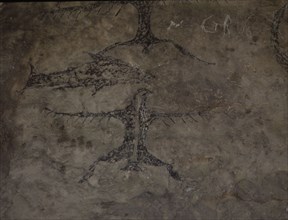 An early Maori rock drawing, from a limestone shelter, of a fish with several bird like figures