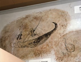 A reconstruction of a rock drawing of two men poling a mokihi, a raft canoe made from rushes