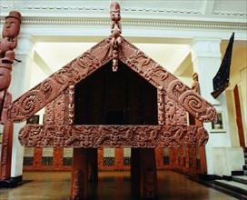 Te Oha, a storehouse, pataka, carved by Manawa, chief of the Ngati Pikiao at Waeranga beside Lake Rotorua