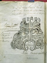 Moko (facial tattoo) pattern of Tuhawaika, a chief of the Kai Tahu, Otago, used as his signature, in lieu of his handwriting, on a deed of sale of land in the Catlins, January 1840