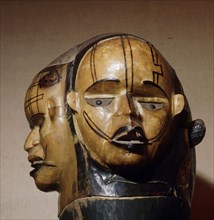 A janiform mask used in the Ekpo (ancestor spirit) secret society which formerly exercised governmental functions among the Ekoi