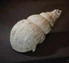 A lost wax cast vessel in the form of a shell with elaborate surface decoration including life like casts of small flies and other insects