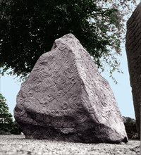 The Jelling stone was erected by King Harald Bluetooth, the first Christian king of Denmark, in memory of his parents
