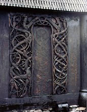Carving on the  side  of  the  stave church  at  Urnes