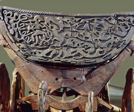 A detail of the decorative carvingon the Oseberg cart
