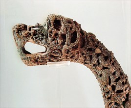 Carved dragon head post from the ship burial at Oseberg