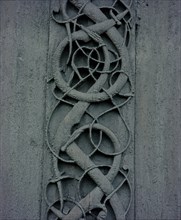 Detail of the carving on the side of the stave church at Urnes