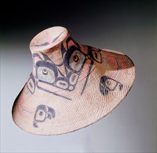 Hat made from spruce roots and decorated with a mountain goat crest
