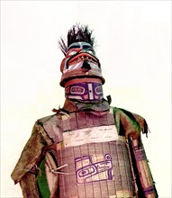 Helmet, face piece and armour made of wooden slats joined by thread