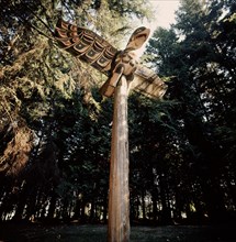 Eagle mortuary pole carved to commemorate a high ranking deceased