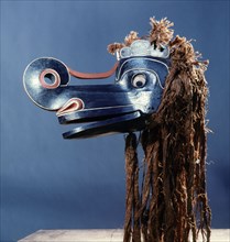A mask representing the wolf who carries the novice of the Hamshamtses to the house of Baxbakualenu Xsiwae