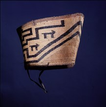 Shamans hat made of split spruce root and ornamented throughout with false embroidery in straw