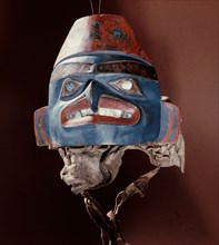 Shamans mask/headdress with abalone inset teeth and eyes and copper eyebrows