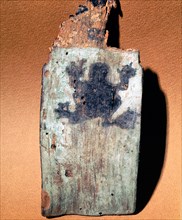 Fragmentary wooden section from a shamans headdress, painted with image of a frog