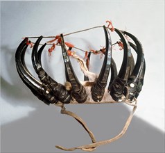 Shamans crown made from mountain goat horns inlaid with abalone shell