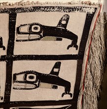 Detail of a Chilkat blanket with a killer whale design