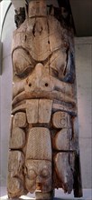 Frontal house post carved with a beaver which can be identified by its prominent teeth and scaly cross hatched tail