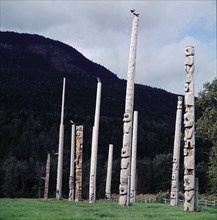 Totem poles erected outside a Northwest Coast Indian village