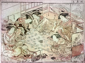 The courtesans Hananoe, Morokoshi, Wakoku, Wakonoe and Kotoura from the house of Echizen ya in winter clothing playing cards