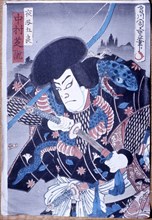 Woodcut depicting a samurai initiated in ninjutsu, the martial art of invisibility
