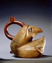 Mochica stirrup spouted jar showing either two birds or two supernatural beings apparently copulating