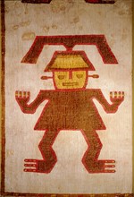 Detail of a ceremonial poncho with a figure embroidered in coloured llama wool onto a cotton base