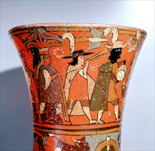 Ritual drinking vessel (kero), with Inca Spanish colonial decoration