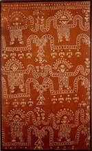 Chancay tie and dye textile thought to depict figures on balsa wood rafts